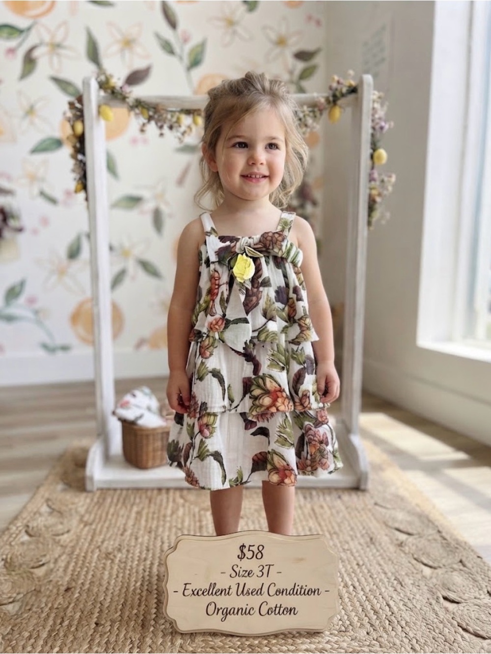 Girls Floral Tiered Sundress in White and Green - 3T organic cotton